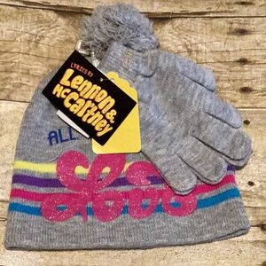 Gray Beanie and Gloves Set with Pink and Blue Accents